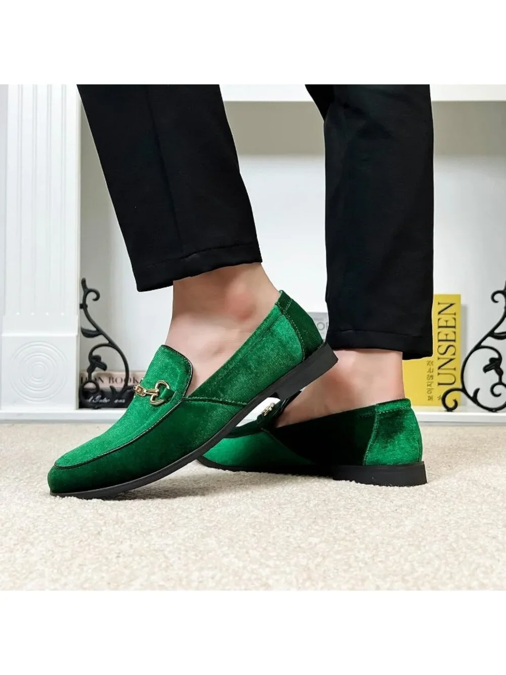 LCQL Men's Grass Green Leather Velvet Loafer Gold Buckle Slip On Luxury Shoes